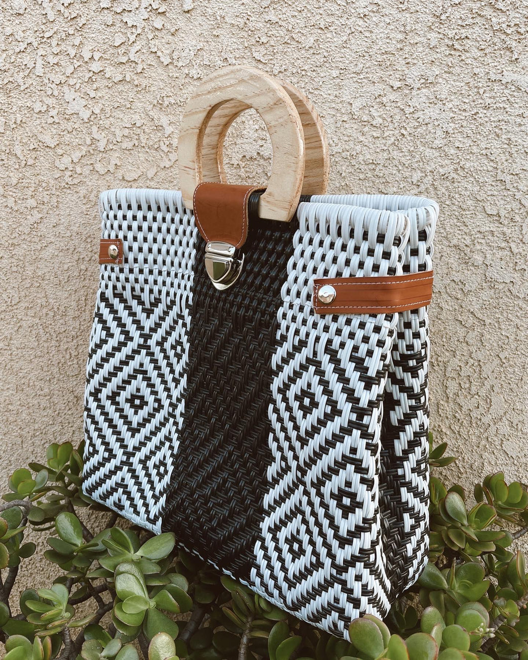 Two Toned Tote w/ Wooden Handle + Leather Straps