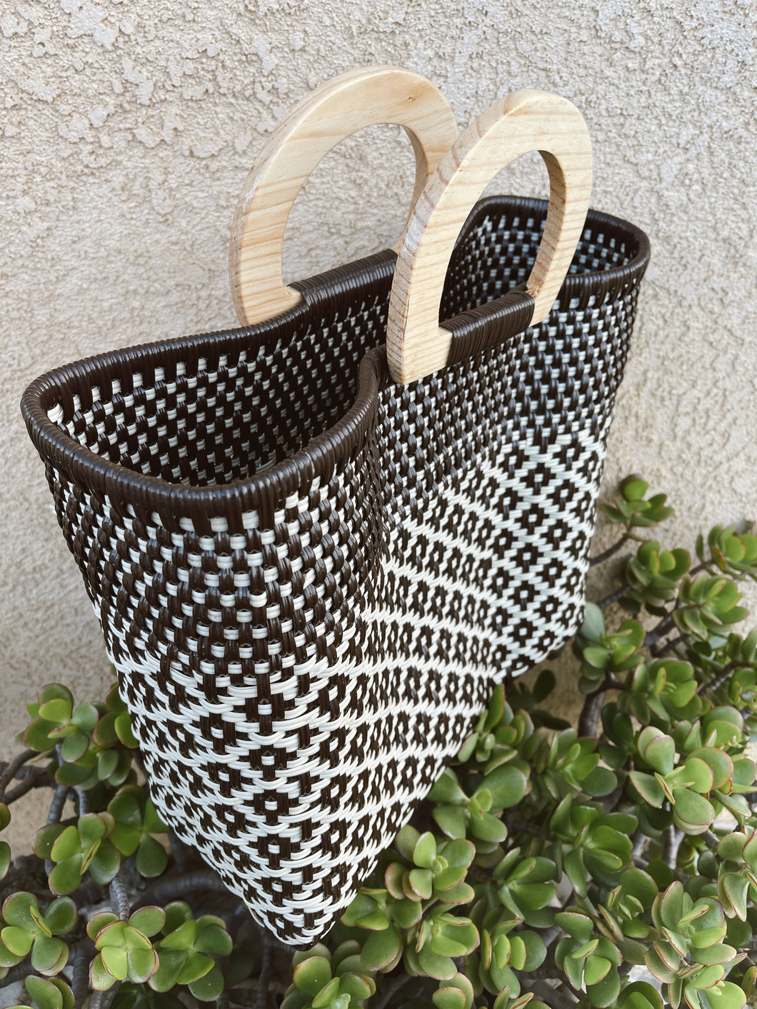 Brown + Cream Tiled Tote w/ Wooden Handle